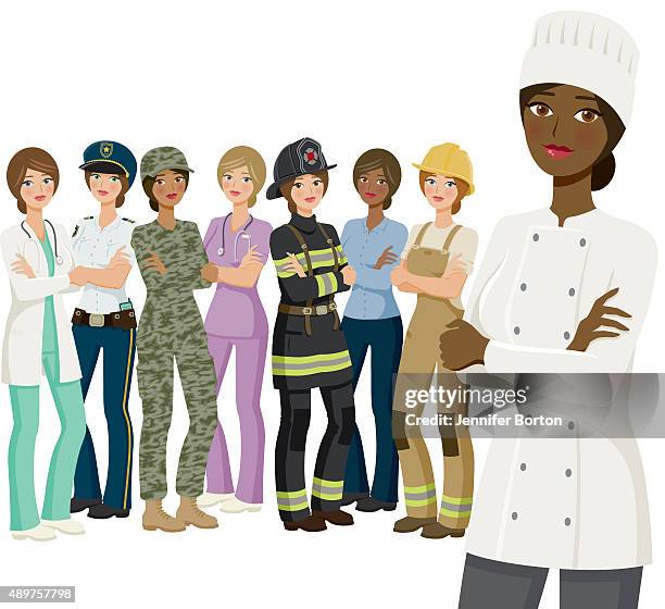 group of female workers, various professions and ethnicities - combinations stock illustrations