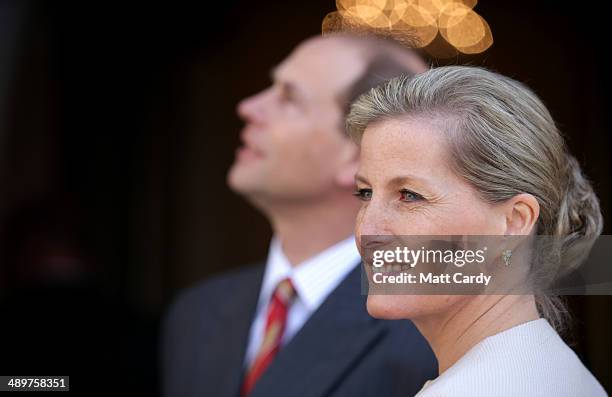 Sophie, Countess of Wessex smiles as she enters the Roman Baths accompanied by Prince Edward, Earl of Wessex during an official visit to Bath Abbey...