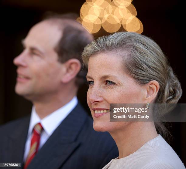 Sophie, Countess of Wessex smiles as she enters the Roman Baths accompanied by Prince Edward, Earl of Wessex during an official visit to Bath Abbey...