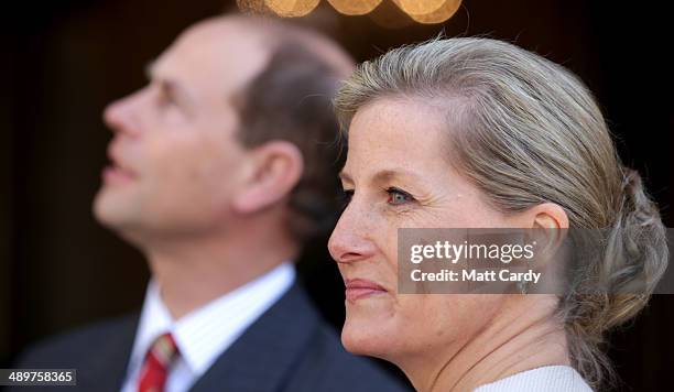 Sophie, Countess of Wessex smiles as she enters the Roman Baths accompanied by Prince Edward, Earl of Wessex during an official visit to Bath Abbey...