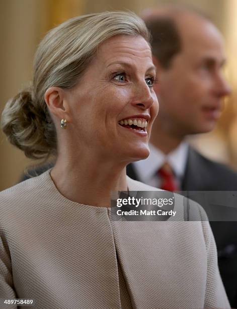 Sophie, Countess of Wessex smiles as she is shown around the Abbey during an official visit to Bath Abbey on May 12, 2014 in Bath, England.