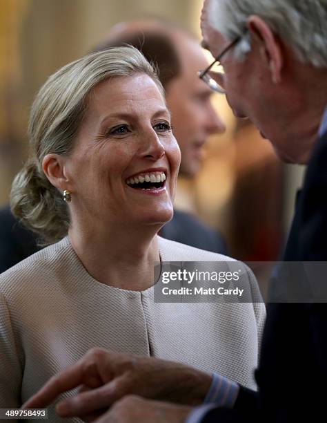 Sophie, Countess of Wessex smiles as she is shown around the Abbey during an official visit to Bath Abbey on May 12, 2014 in Bath, England.