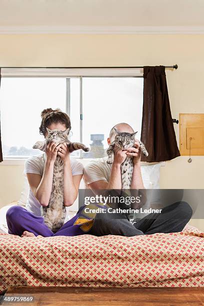 young couple holding cats in front of their faces - quirky couple stock pictures, royalty-free photos & images