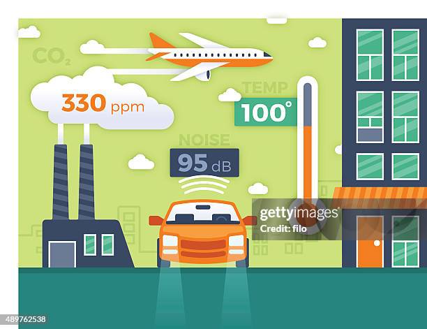 ilustraciones, imágenes clip art, dibujos animados e iconos de stock de la contaminación medioambiental y los datos de la ciudad de infografía - dióxido de carbono
