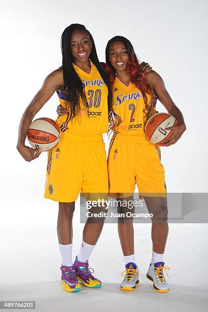 Nneka Ogwumike and Candice Wiggins of the Los Angeles Sparks pose for a photo during WNBA Media Day at Staples Center on May 10, 2014 in Los Angeles,...