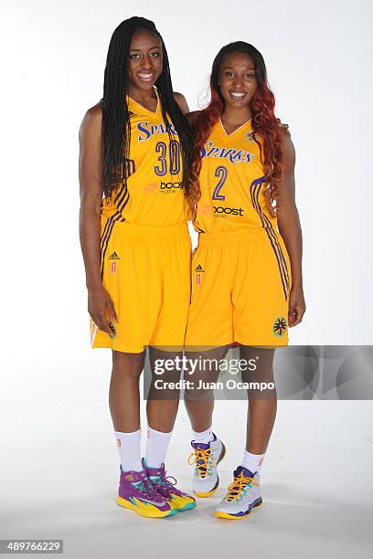 Nneka Ogwumike and Candice Wiggins of the Los Angeles Sparks pose for a photo during WNBA Media Day at Staples Center on May 10, 2014 in Los Angeles,...