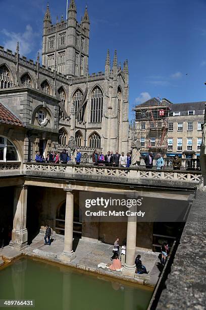 Sophie, Countess of Wessex and Prince Edward, Earl of Wessex are shown around the terrace of the Roman Baths during an official visit to Bath Abbey...