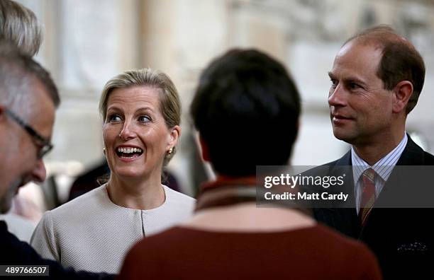 Sophie, Countess of Wessex and Prince Edward, Earl of Wessex are shown repairs to the North Aisle during an official visit to Bath Abbey on May 12,...