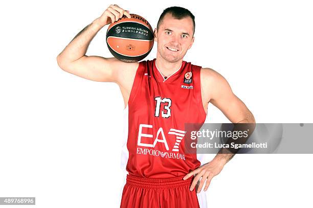 Milan Macvan, #13 of EA7 Emporio Armani Milan poses during the 2015/2016 Turkish Airlines Euroleague Basketball Media Day at Mediolanumforum on...