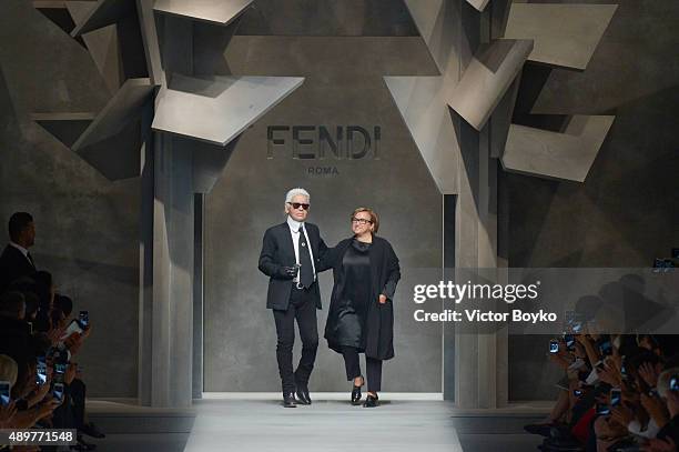 Karl Lagerfeld, Silvia Fendi walk the runway during the Fendi fashion show as part of Milan Fashion Week Spring/Summer 2016 on September 24, 2015 in...