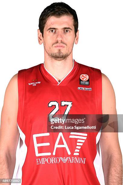 Stanko Barac, #27 of EA7 Emporio Armani Milan poses during the 2015/2016 Turkish Airlines Euroleague Basketball Media Day at Mediolanumforum on...