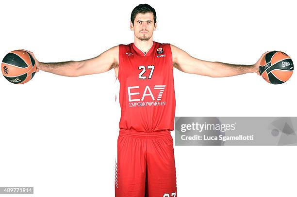 Stanko Barac, #27 of EA7 Emporio Armani Milan poses during the 2015/2016 Turkish Airlines Euroleague Basketball Media Day at Mediolanumforum on...