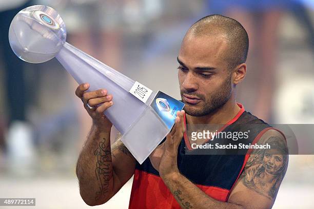 David Odonkor reacts after winning the final show of Promi Big Brother 2015 at MMC studios on August 28, 2015 in Cologne, Germany.