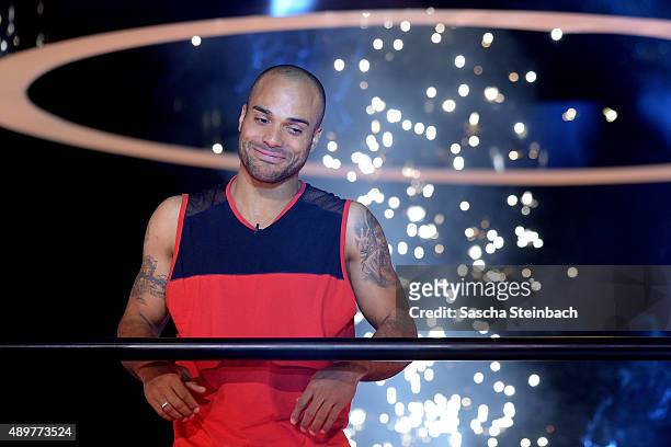 David Odonkor reacts after winning the final show of Promi Big Brother 2015 at MMC studios on August 28, 2015 in Cologne, Germany.