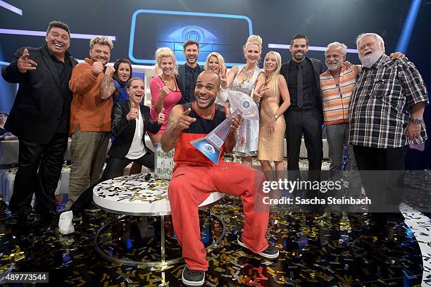 Winner David Odonkor and the other participants react after the final show of Promi Big Brother 2015 at MMC studios on August 28, 2015 in Cologne,...