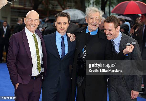 Actors Patrick Stewart, James McAvoy, Michael Fassbender, Ian McKellen and James McAvoy attend the UK Premiere of "X-Men: Days of Future Past" at...