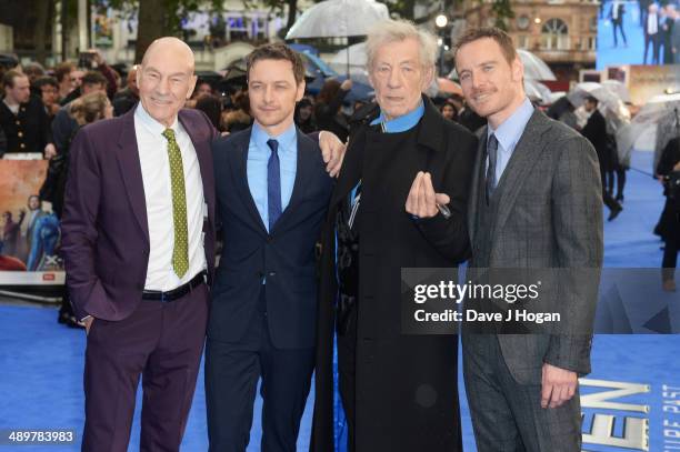 Patrick Stewart, James McAvoy, Sir Ian McKellen and Michael Fassbender attend the UK premiere of 'X-Men: Days Of Future Past' at the Odeon Leicester...