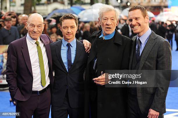 Patrick Stewart, James McAvoy, Sir Ian McKellen and Michael Fassbender attend the UK premiere of 'X-Men: Days Of Future Past' at the Odeon Leicester...