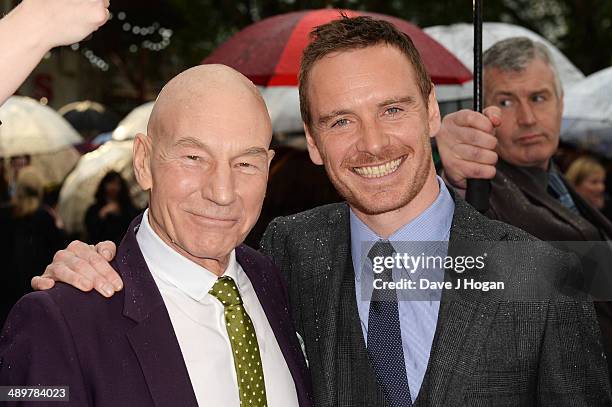 Patrick Stewart and Michael Fassbender attend the UK premiere of 'X-Men: Days Of Future Past' at the Odeon Leicester Square on May 12, 2014 in...