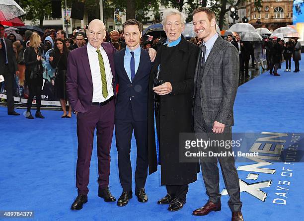 Actors Sir Patrick Stewart, James McAvoy, Sir Ian McKellen and Michael Fassbender attend the UK Premiere of "X-Men: Days of Future Past" at Odeon...