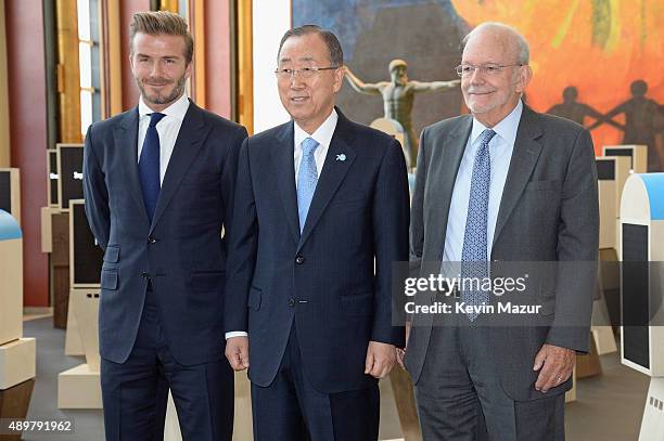 Goodwill Ambassador David Beckham, United Nations Secretary-General Ban Ki-moon, and UNICEF Executive Director Anthony Lake unveil a unique...