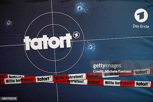 The logo of the ARD criminal tv programme TATORT is pictured during the photocall on set of the TV series "Tatort - Fuenf Minuten Himmel" on...