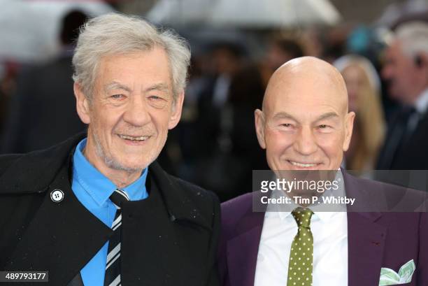 Sir Ian McKellen and Patrick Stewart attend the UK Premiere of "X-Men: Days of Future Past" at Odeon Leicester Square on May 12, 2014 in London,...