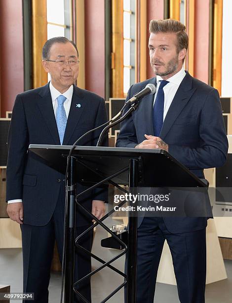 Goodwill Ambassador David Beckham and United Nations Secretary-General Ban Ki-moon unveil a unique installation that brings the voices of children...