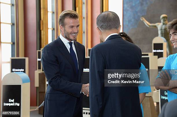 Goodwill Ambassador David Beckham and United Nations Secretary-General Ban Ki-moon unveil a unique installation that brings the voices of children...