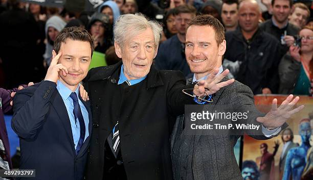 James McAvoy, Sir Ian McKellen and Michael Fassbender attend the UK Premiere of "X-Men: Days of Future Past" at Odeon Leicester Square on May 12,...