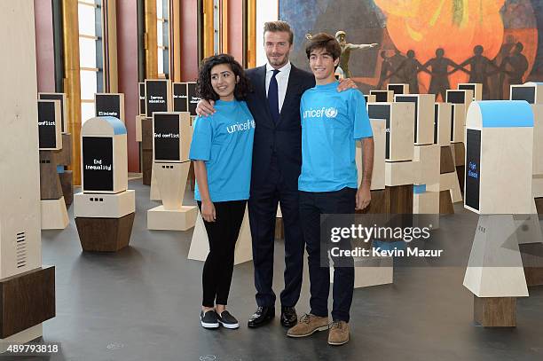 Goodwill Ambassador David Beckham and Rodrigo Bustamante and Noor Samee , from UNICEFs Voices of Youth initiative, unveil a unique installation that...