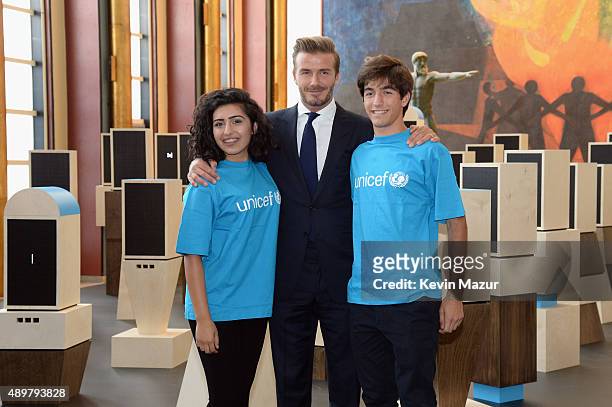 Goodwill Ambassador David Beckham and Rodrigo Bustamante and Noor Samee , from UNICEFs Voices of Youth initiative, unveil a unique installation that...