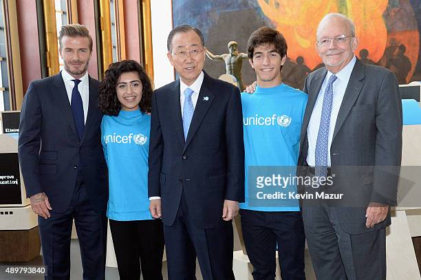 Goodwill Ambassador David Beckham, United Nations Secretary-General Ban Ki-moon, UNICEF Executive Director Anthony Lake and two young people from...