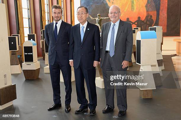 Goodwill Ambassador David Beckham, United Nations Secretary-General Ban Ki-moon, and UNICEF Executive Director Anthony Lake unveil a unique...