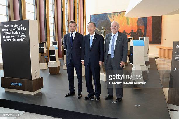 Goodwill Ambassador David Beckham, United Nations Secretary-General Ban Ki-moon, and UNICEF Executive Director Anthony Lake unveil a unique...