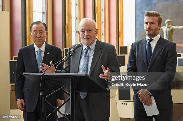 Goodwill Ambassador David Beckham, United Nations Secretary-General Ban Ki-moon, and UNICEF Executive Director Anthony Lake unveil a unique...