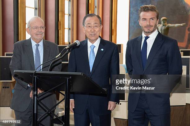 Goodwill Ambassador David Beckham, United Nations Secretary-General Ban Ki-moon, and UNICEF Executive Director Anthony Lake unveil a unique...