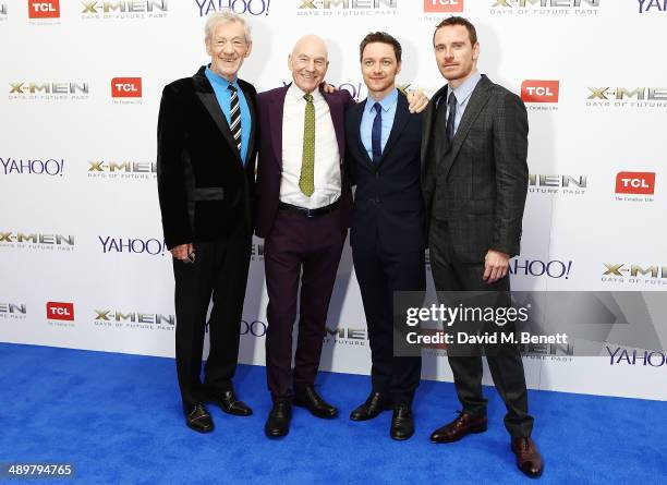 Sir Ian McKellen, Patrick Stewart, James McAvoy and Michael Fassbender attend the UK Premiere of "X-Men: Days of Future Past" at Odeon Leicester...