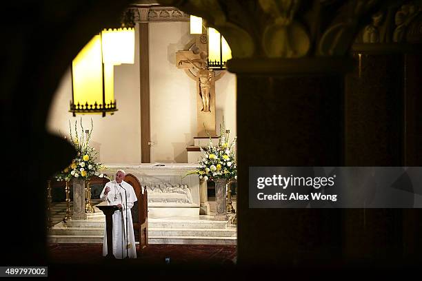 Pope Francis addresses the congregation during his visit at St. Patrick's Catholic Church September 24, 2015 in Washington, DC. The Pope is on his...