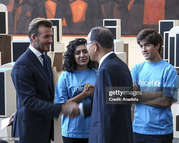 Goodwill Ambassador David Beckham , United Nations Secretary-General Ban Ki-moon and UNICEF Executive Director Anthony Lake unveil of a digital...