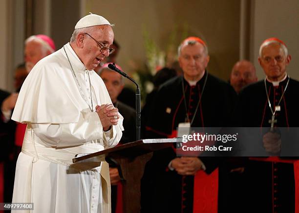 Pope Francis after making remarks at St. Patrick's Catholic Church on September 24, 2015 in Washington, DC. The Pope is on a six-day trip to the...