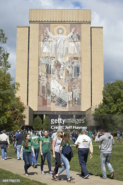 View of mural "The Word of Life" depicting Christ of Teacher on wall of Hesburgh Library. Informally known as "Touchdown Jesus" before Notre Dame vs...