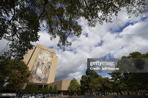 View of mural "The Word of Life" depicting Christ of Teacher on wall of Hesburgh Library. Informally known as "Touchdown Jesus" before Notre Dame vs...