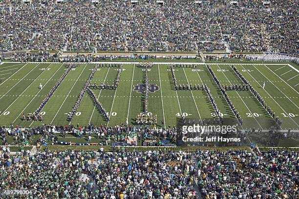 Aerial view of Notre Dame marching band spelling out IRISH on field before Notre Dame vs Georgia Tech game at Notre Dame Stadium. South Bend, IN...