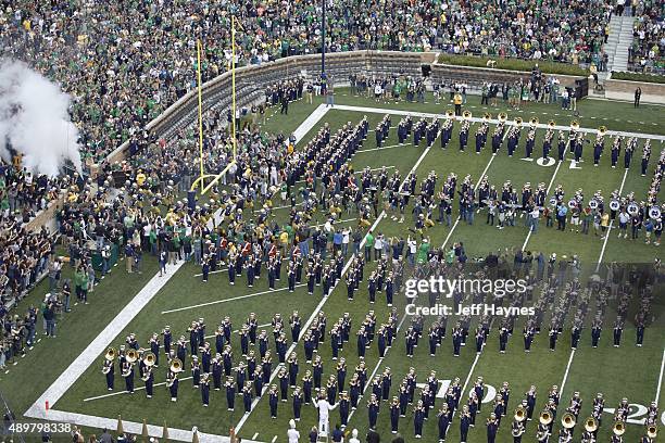 Aerial view of Notre Dame players taking field and going through marching band during game vs Georgia Tech at Notre Dame Stadium. South Bend, IN...