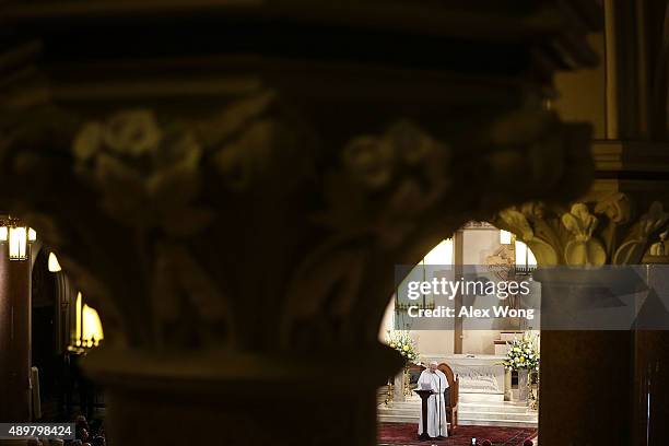 Pope Francis addresses the congregation during his visit at St. Patrick's Catholic Church September 24, 2015 in Washington, DC. The Pope is on his...