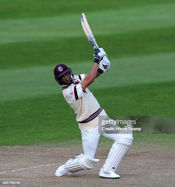 Alfonso Thomas of Somerset hits out during the LV County Championship match between Somerset and Warwickshire at the County Ground on September 24,...