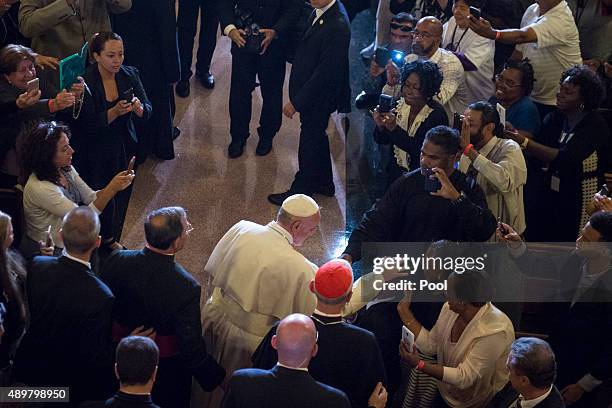 Pope Francis arrives at St. Patrick's Catholic Church September 24, 2015 in Washington, DC. The Pope is on his first trip to the United States,...