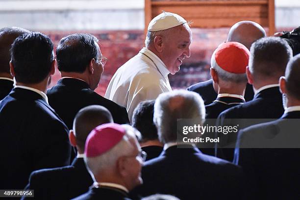 Pope Francis arrives at St. Patrick's Catholic Church September 24, 2015 in Washington, DC. The Pope is on his first trip to the United States,...