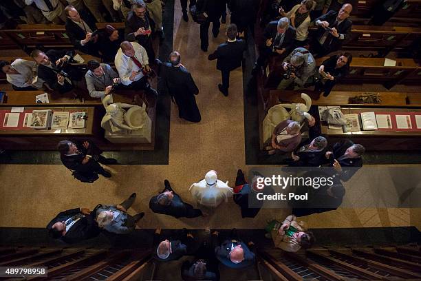 Pope Francis arrives at St. Patrick's Catholic Church September 24, 2015 in Washington, DC. The Pope is on his first trip to the United States,...